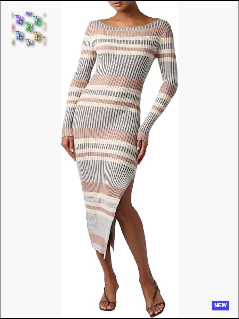 Off The Shoulder Midi Sweater Dress Striped Knit Long Sleeve Elegant Cocktail